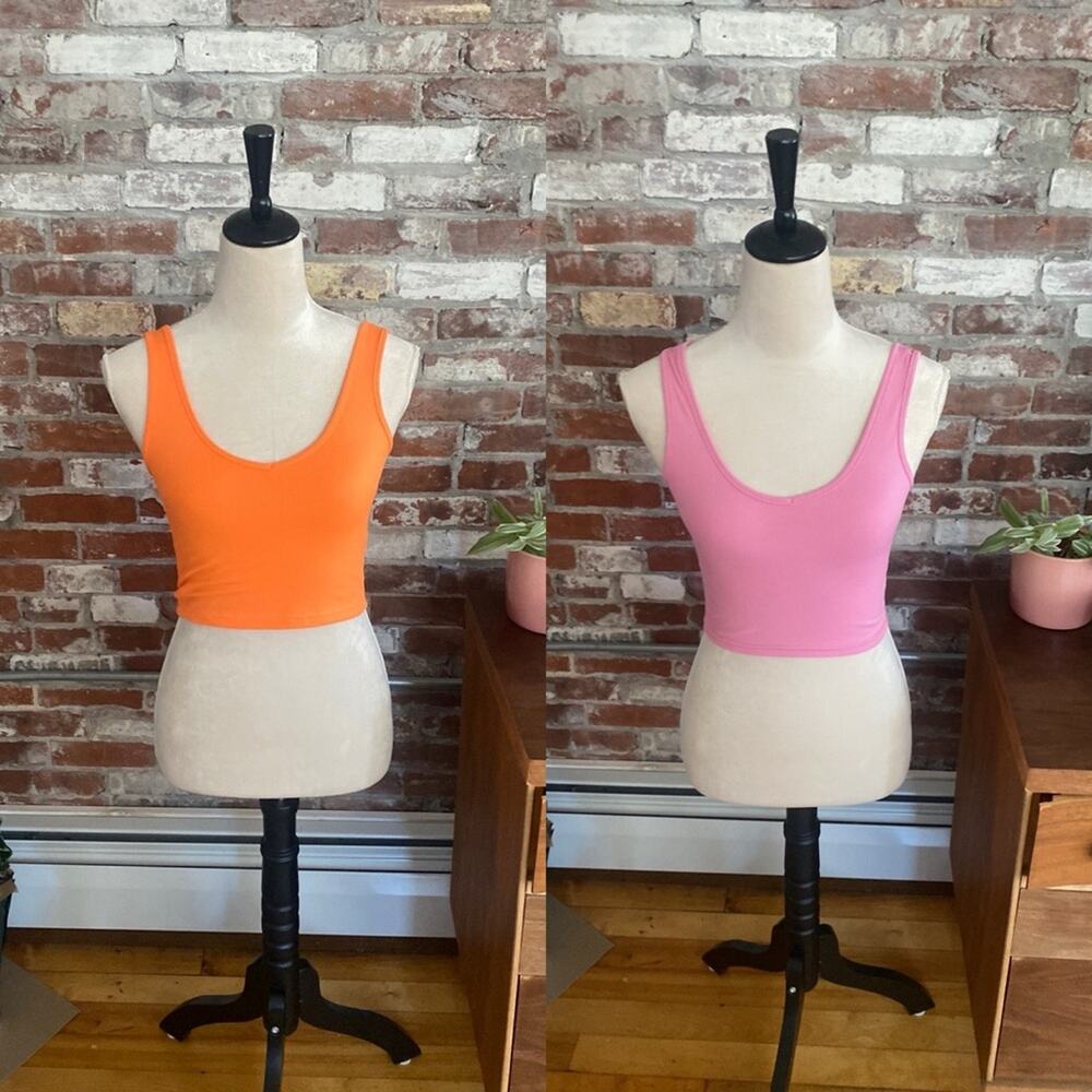 Shein Set of Two Pink and Orange Ribbed V Neck Crop Top Tank Tops Size 2